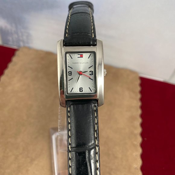 Tommy Hilfiger Black Strap Tank Style Watch Silver Tone Almost New - Picture 2 of 8